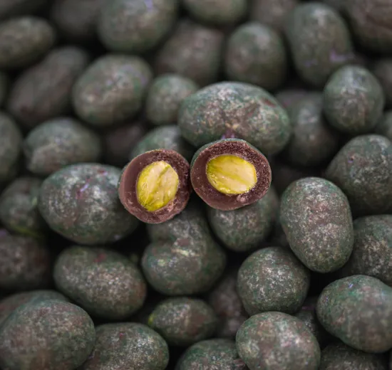 MILK CHOCOLATE AND PISTACHIO DRAGEES